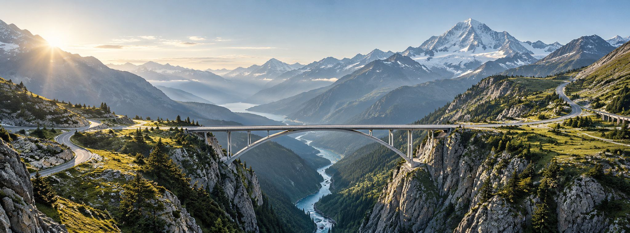 A bridge connecting mountain landscapes