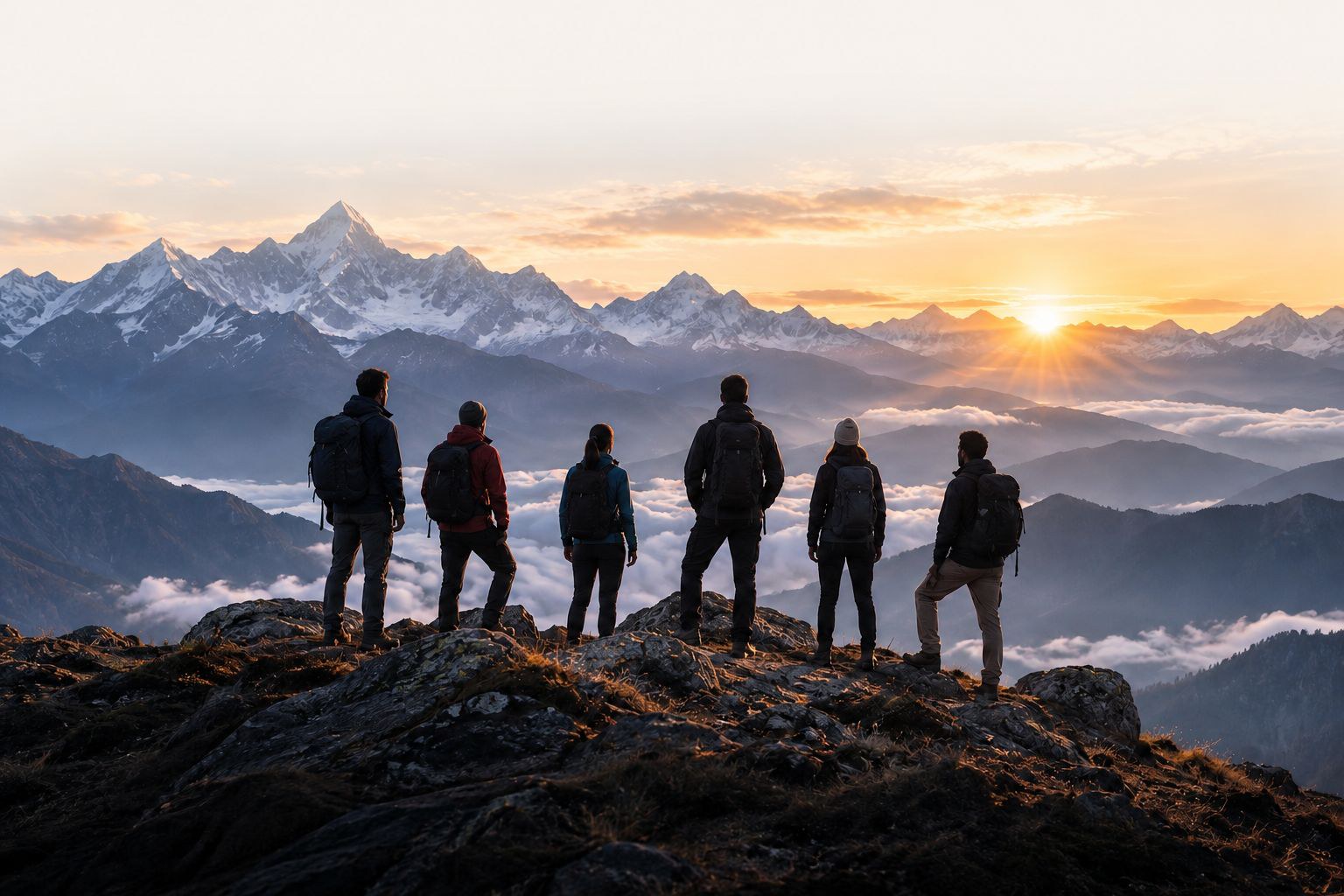 A team standing together in a mountain landscape